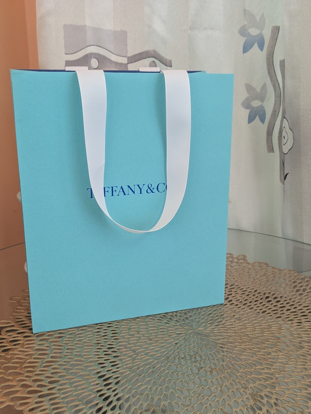 Tiffany & Co. Iconic Blue Paper Shopping Bag with White Ribbon Handles